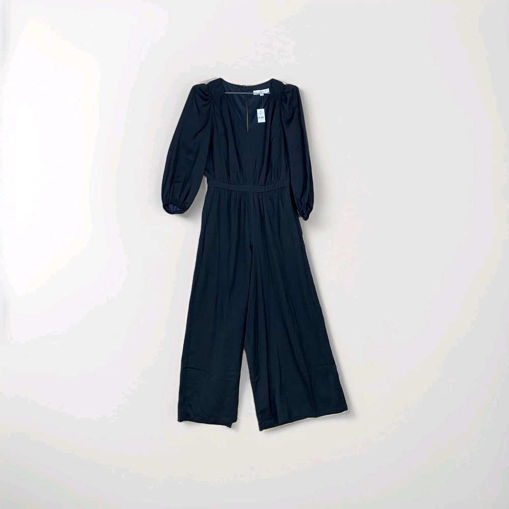 LOFT Jumpsuit Womens 6 Black Long Sleeve Wide Leg V Neck Pockets Polyester NWT